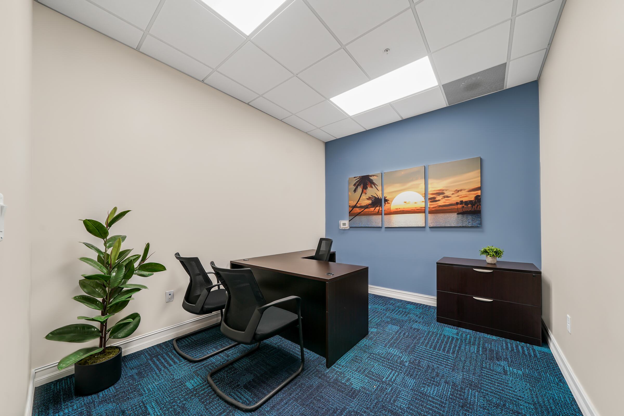 Furnished one-desk interior office with a wood accent wall at W Executive Suites St. Lucie West